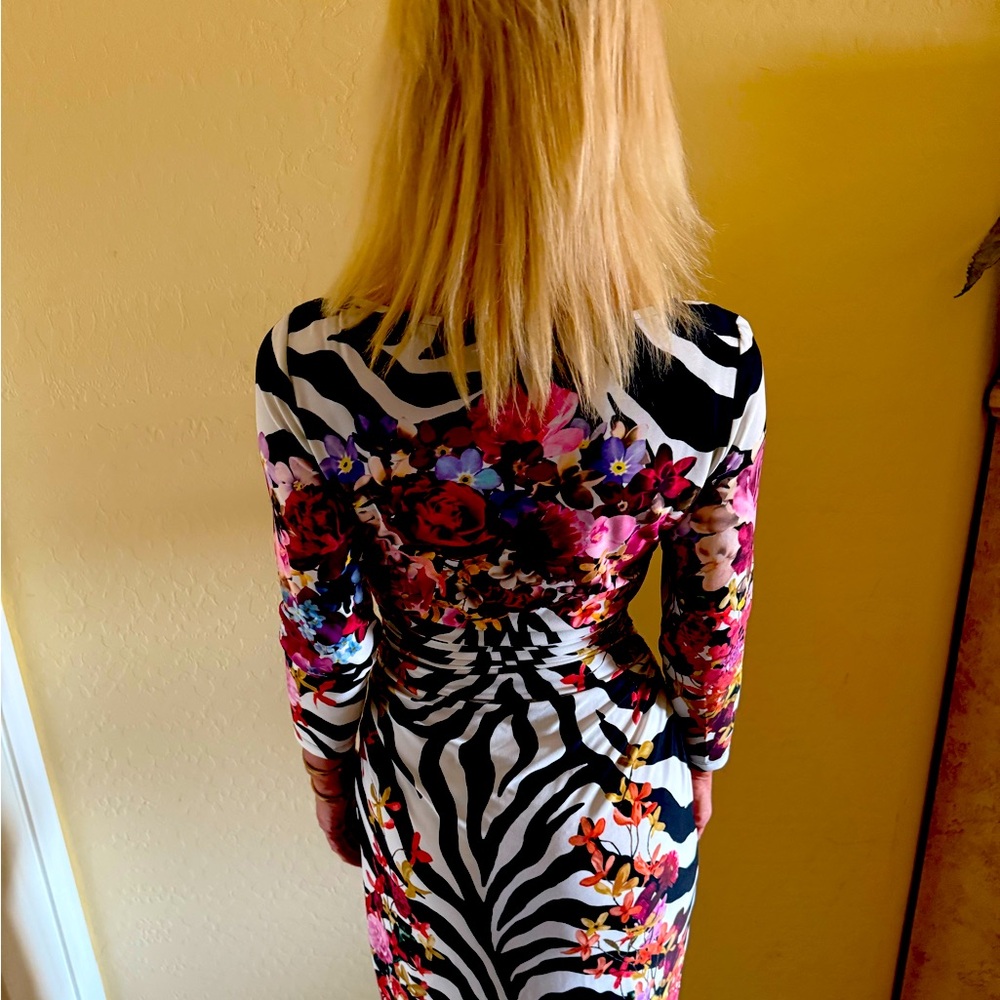 Zebra print with splashes of red and pink long sleeve dress